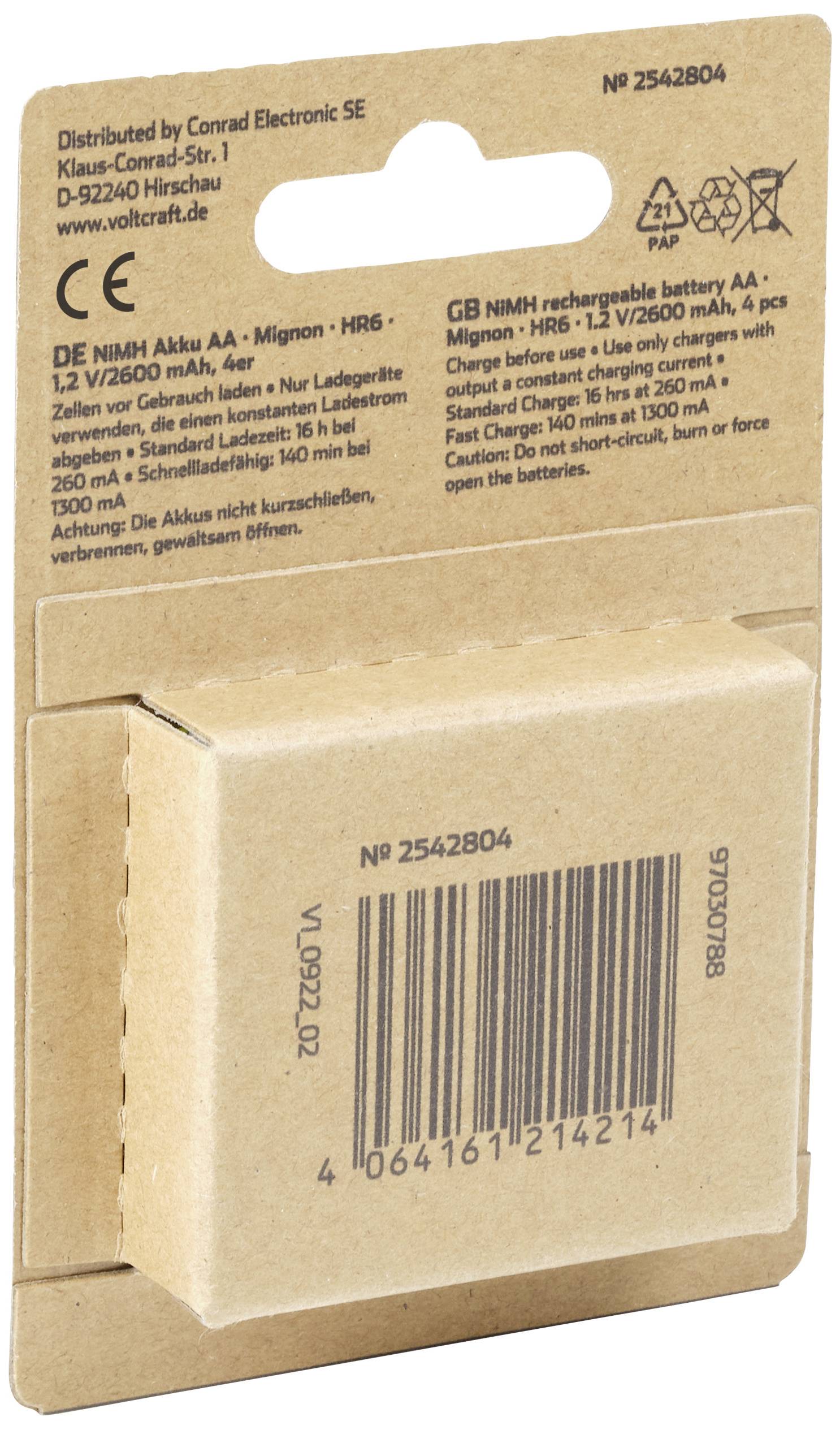 Achterkant van een verpakking voor oplaadbare AA-batterijen van Conrad Electronic met productinformatie, streepjescode en adres.