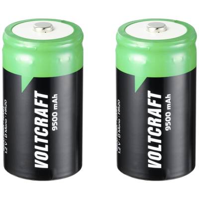 Twee zwarte batterijen met een groen bovendeel en de opdruk 'VOLTCRAFT 9500 mAh'.