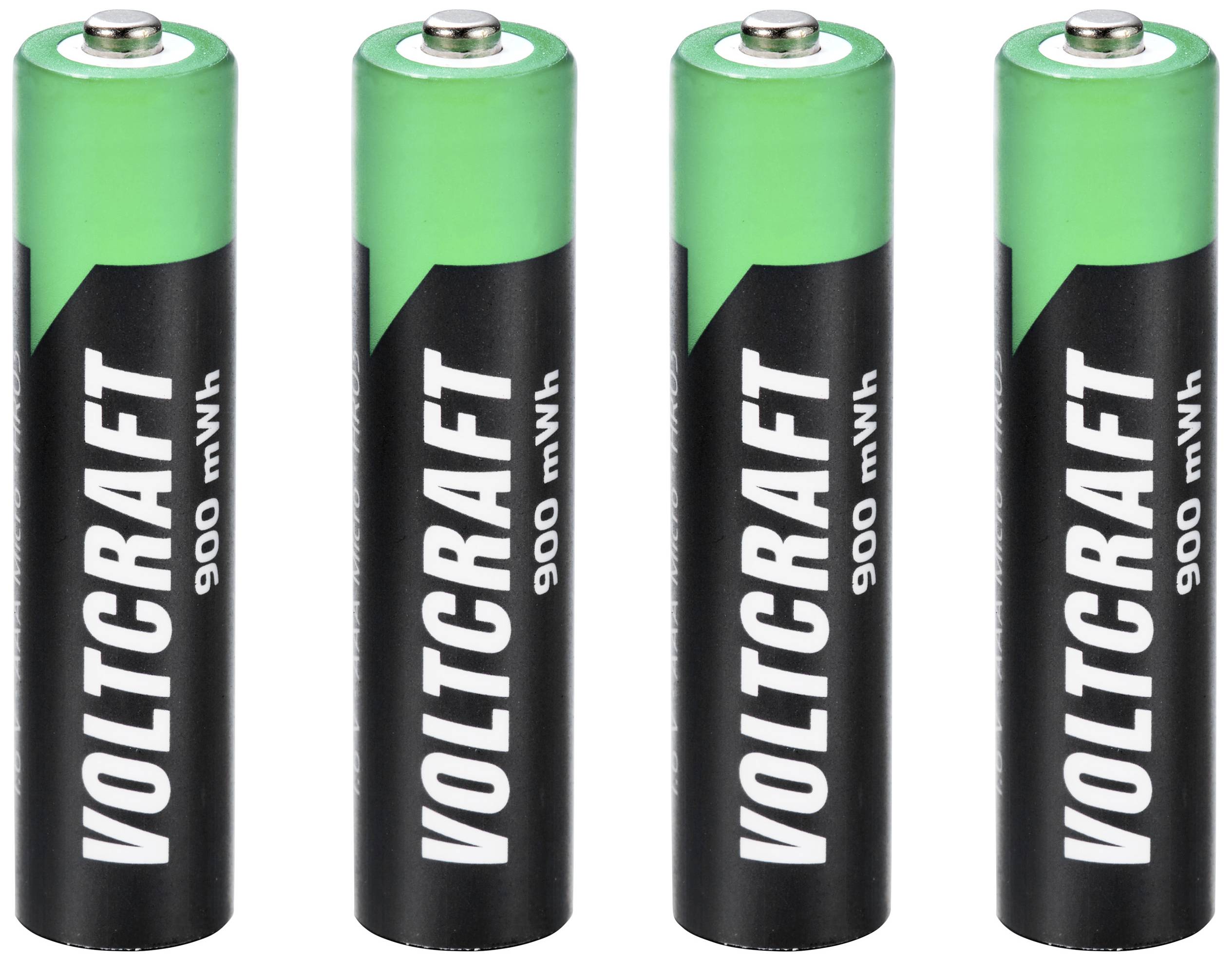 Vier zwarte AAA-batterijen met het opschrift 'Voltcraft 900 mWh', groene bovenkant, op een rij.