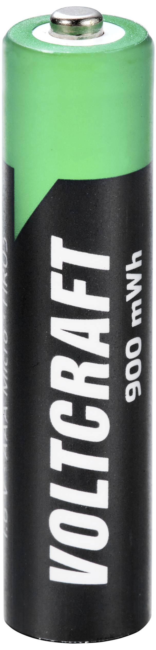 Een zwarte AA-batterij met een groen uiteinde en de witte opdruk 'VOLTCRAFT 900 mWh'.