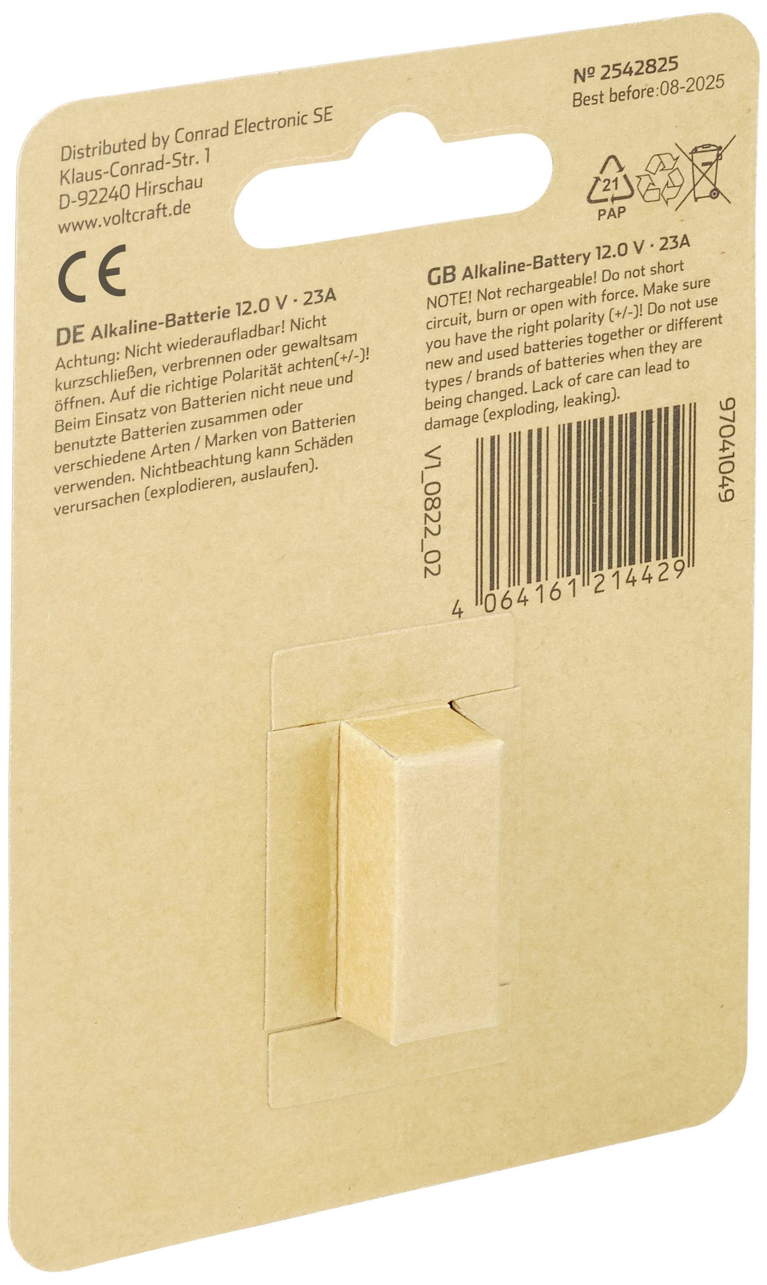 'Conrad Electronic' batterijpakket, 12.0 V, alkaline batterij, Model V23A. Bevat waarschuwingen en informatie in het Duits en Engels.