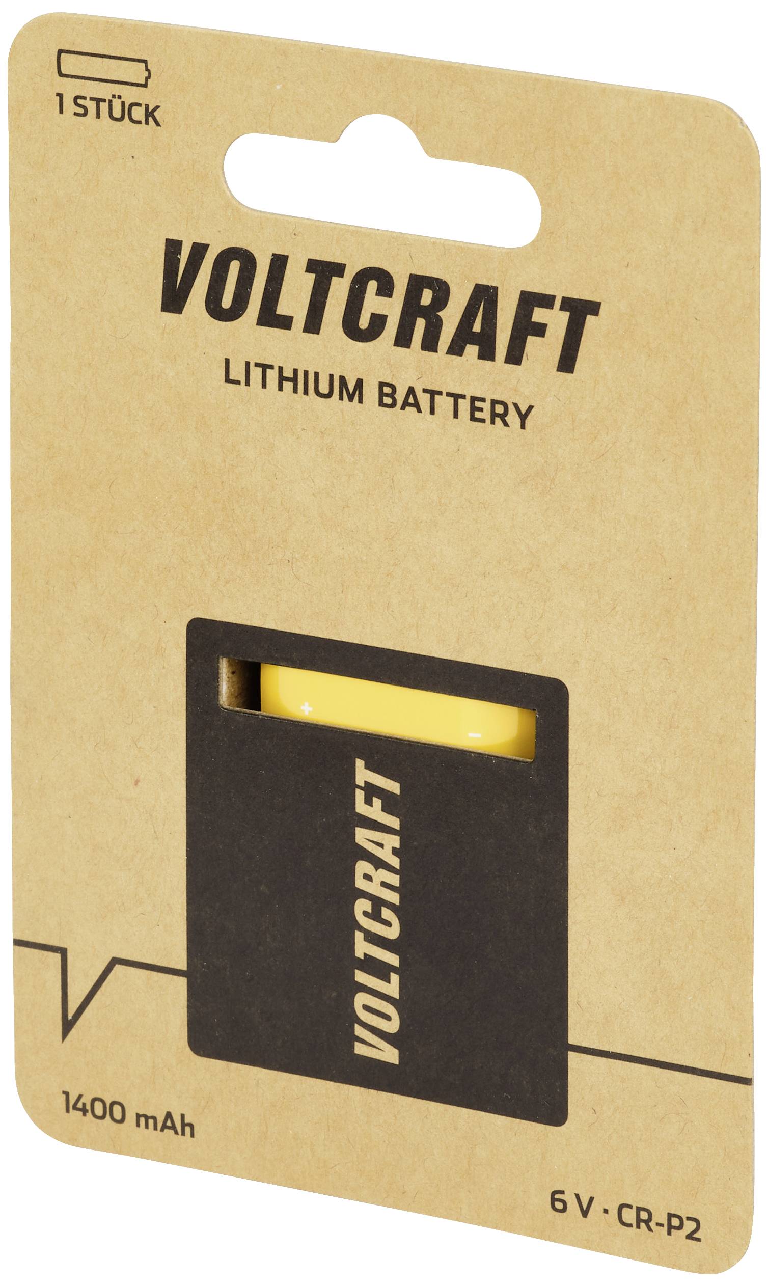 Lithium-batterij van Voltcraft, 6 V, 1400 mAh, in een bruine verpakking met doorkijkvenster.