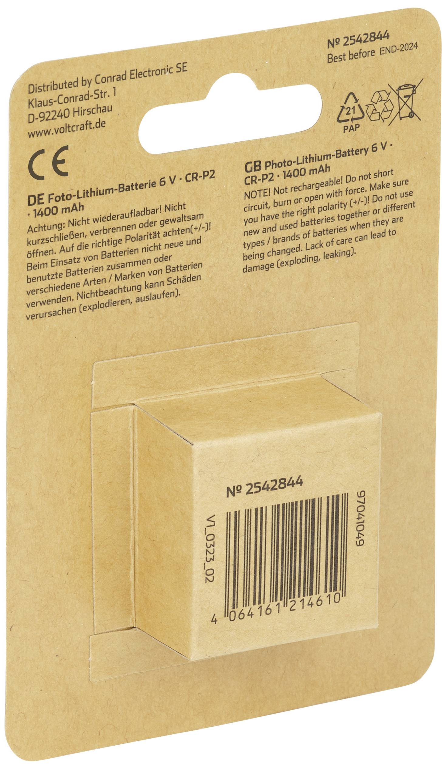 Verpakking van een Lithium-batterij 6V CR-P2 van Conrad Electronic. Bevat waarschuwingen en technische details in het Duits en Engels.