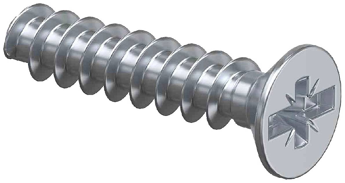 Een zilverkleurige kruiskopschroef met ronde kop en schroefdraad. Geschikt voor hout- of metaalbevestigingen.