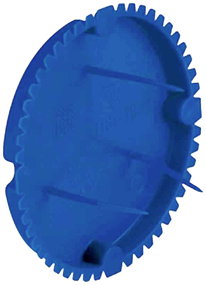 Blauw plastic voorwerp met getande rand dat eruitziet als een tandwiel.