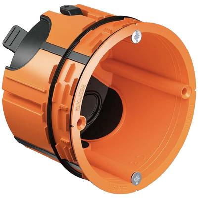 Een oranje elektrische installatiedoos met meerdere kabelopeningen en bevestigingsplaatsen, bedoeld voor veilige montage in muren.