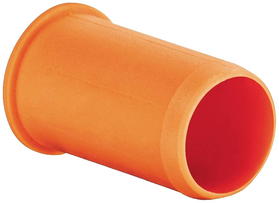 Een oranje kunststof holle cilinder, licht gekanteld, met gladde randen en een egaal oppervlak.