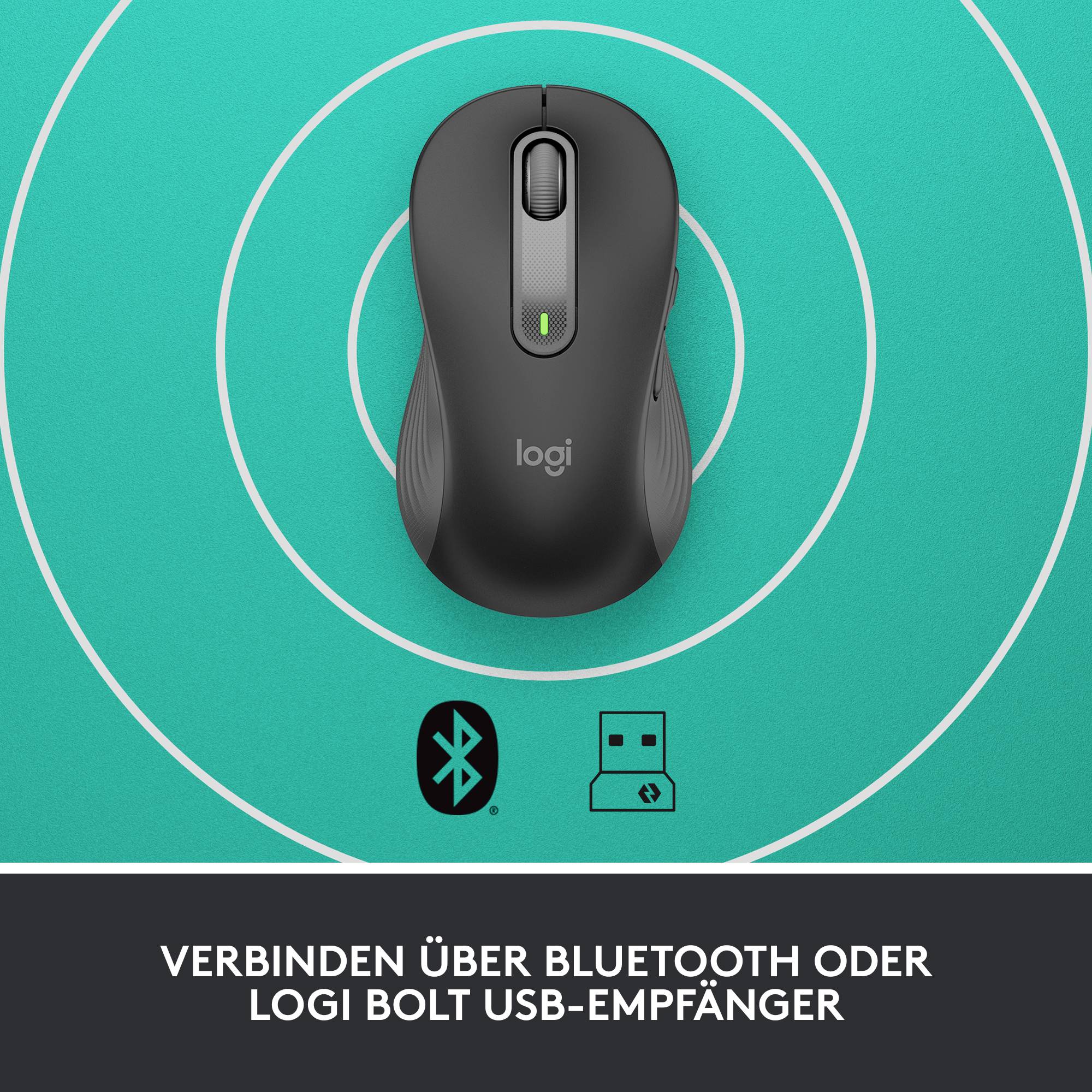 Een zwarte computermuis op een turkoois gekleurde achtergrond met cirkels en symbolen voor Bluetooth en USB. Tekst: 'Verbinden via Bluetooth of Logi Bolt USB-ontvanger'.