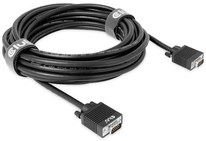 'Zwarte VGA-kabel met twee stekkers en klittenbandbinders voor bundeling. Wordt gebruikt voor het verbinden van videoapparatuur zoals monitors.'