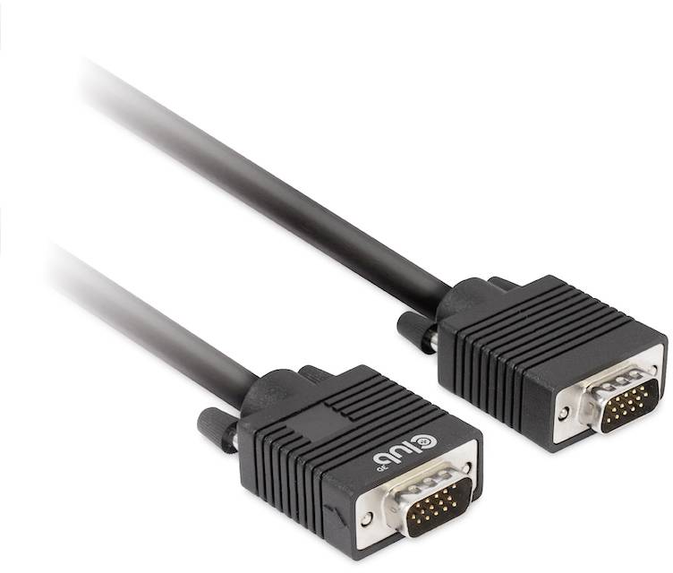 Twee zwarte VGA-kabels met elk een 15-pins stekker zijn afgebeeld. De kabels zijn zijdelings gepositioneerd en lopen naar het midden van de afbeelding.