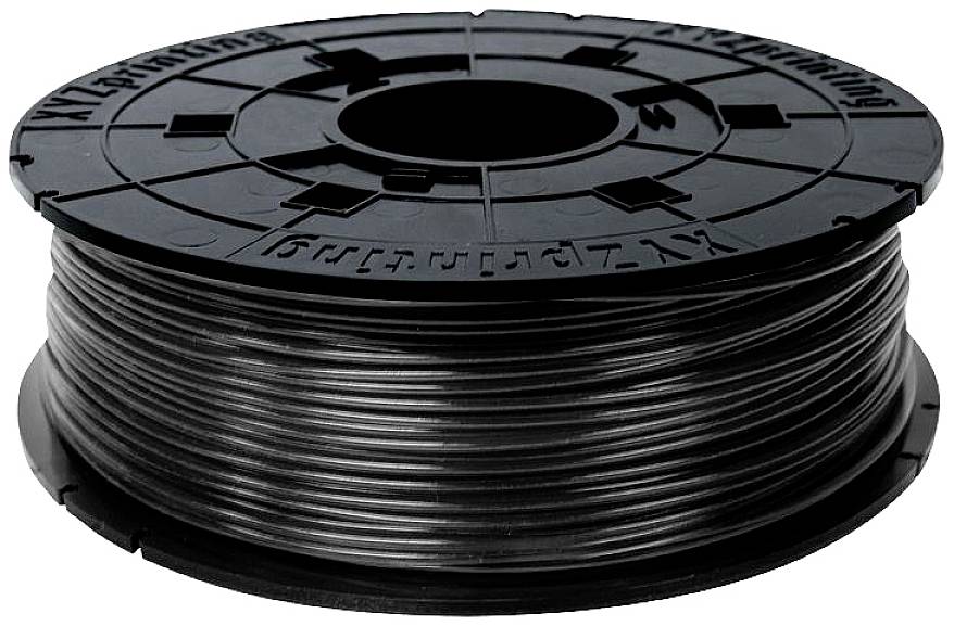 Zwarte 3D-printer-filamentspoel op een zwarte rol, klaar voor gebruik in 3D-printers.