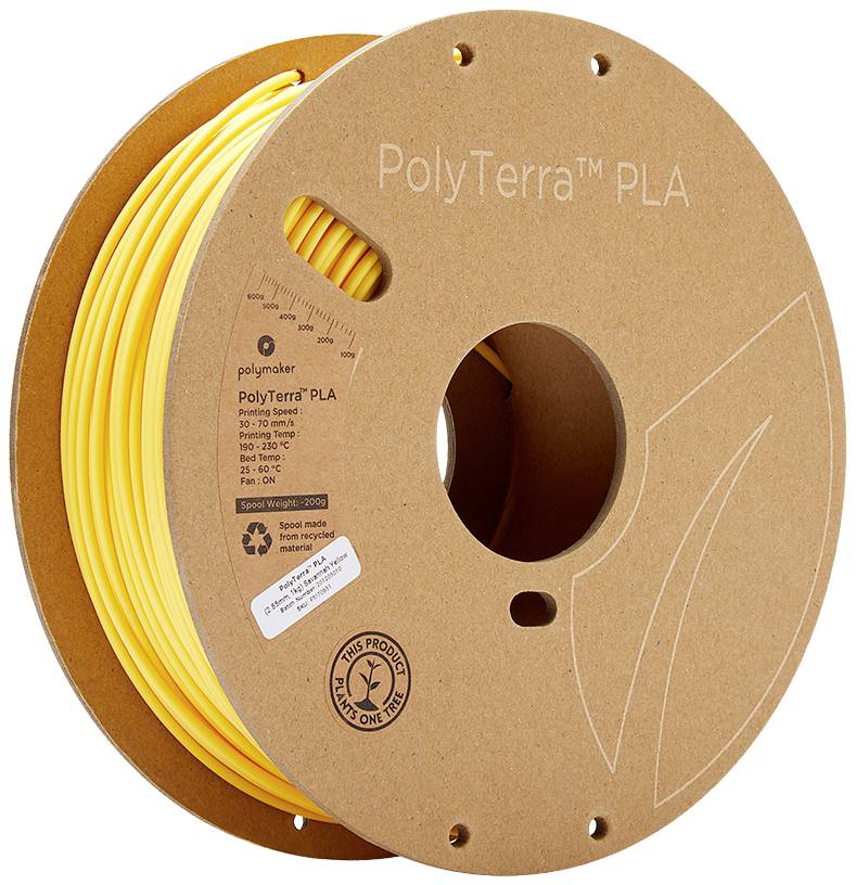 Een rol geel 3D-printer-filament van PolyTerra PLA, milieuvriendelijk verpakt, met markeringen voor het aanbevolen temperatuurbereik.