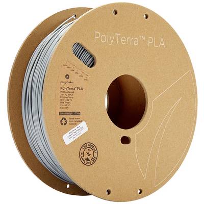 Spoel met grijs 3D-printfilament uit PolyTerra PLA, met het merk 'Polymaker'.