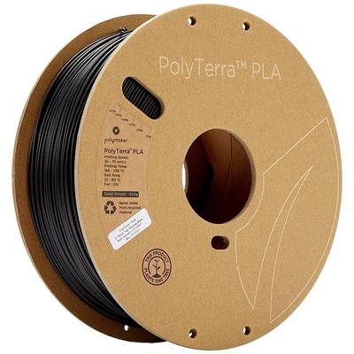Spoel met zwart 3D-printmateriaal, gelabeld als 'PolyTerra PLA'. Milieuvriendelijke verpakking en materiaalaanduiding afgedrukt.