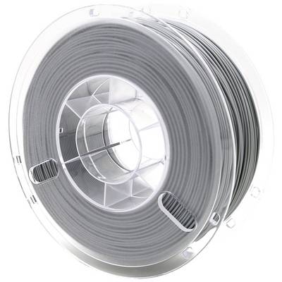 Een spoel met grijs 3D-printer filament, opgerold op een transparante kunststof houder, tegen een witte achtergrond.