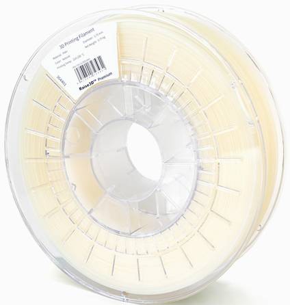 Een spoel met lichtbeige 3D-printer filament, voorzien van etiketten met details zoals gewicht en materiaal.