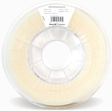 Een spoel met beige 3D-printfilament, PLA-materiaal, 1,75 mm diameter, netto gewicht 1 kg, geschikt voor druktemperatuur 210-230 °C.