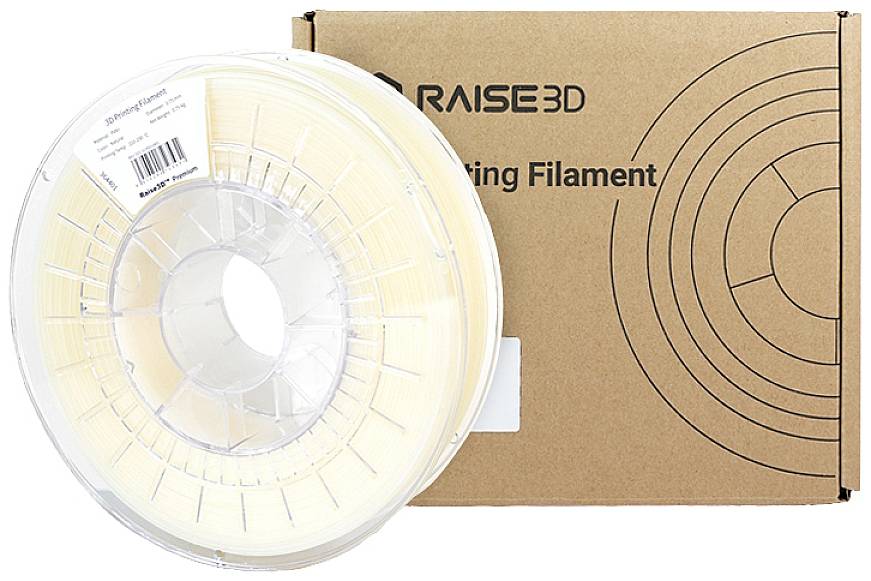 3D-printfilament in een transparante spoel, naast een bruine verpakking met zwarte opdruk 'RAISE3D Printing Filament'.