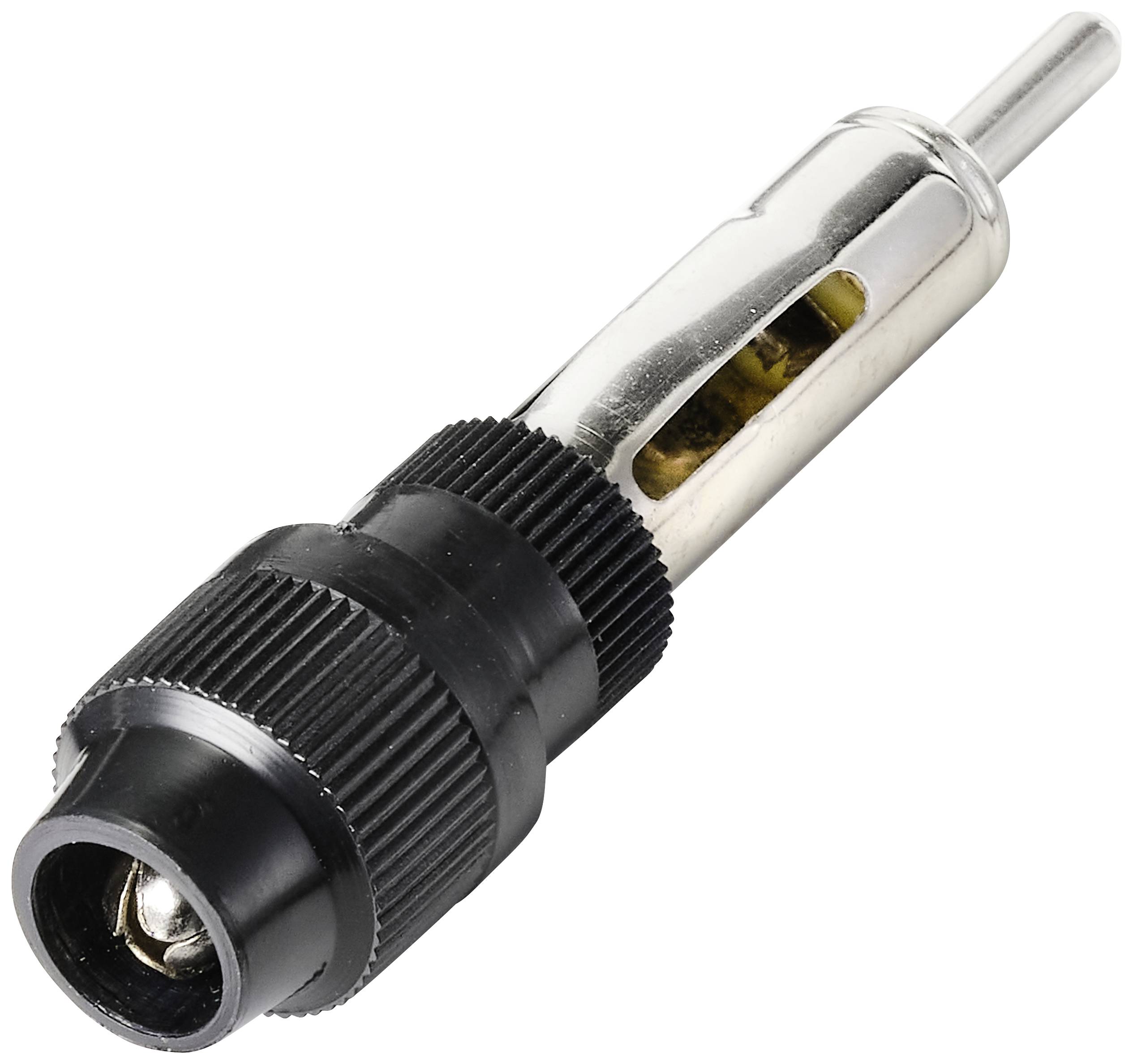 Een metaal- en kunststof-adapterconnector, gebruikt in audioapparatuur voor signaaloverdracht.