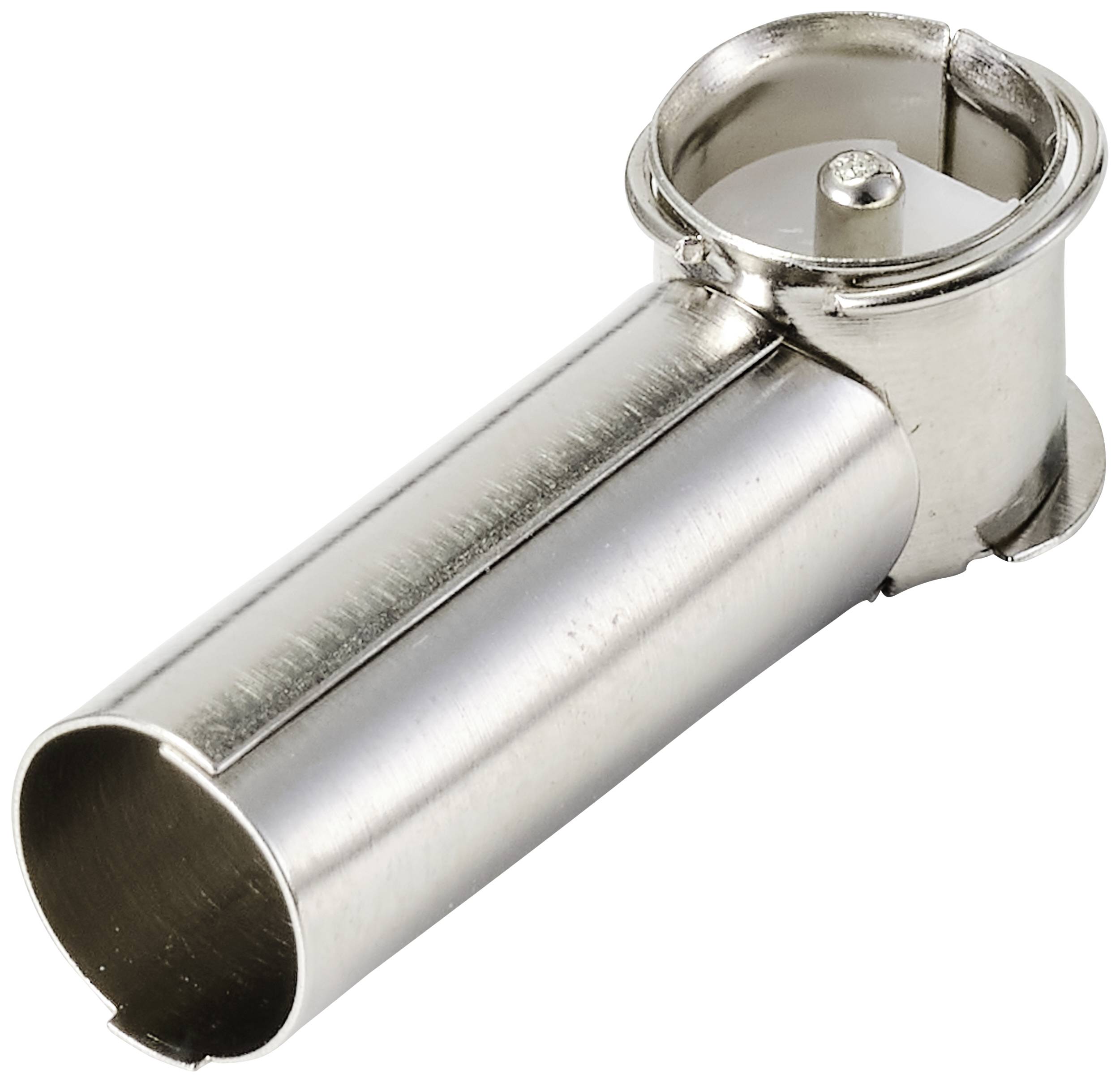 Metalen klembeugel met cilindrische vorm, open uiteinde en schroefmechanisme. Gebruikt voor bevestiging aan buizen of stangen.