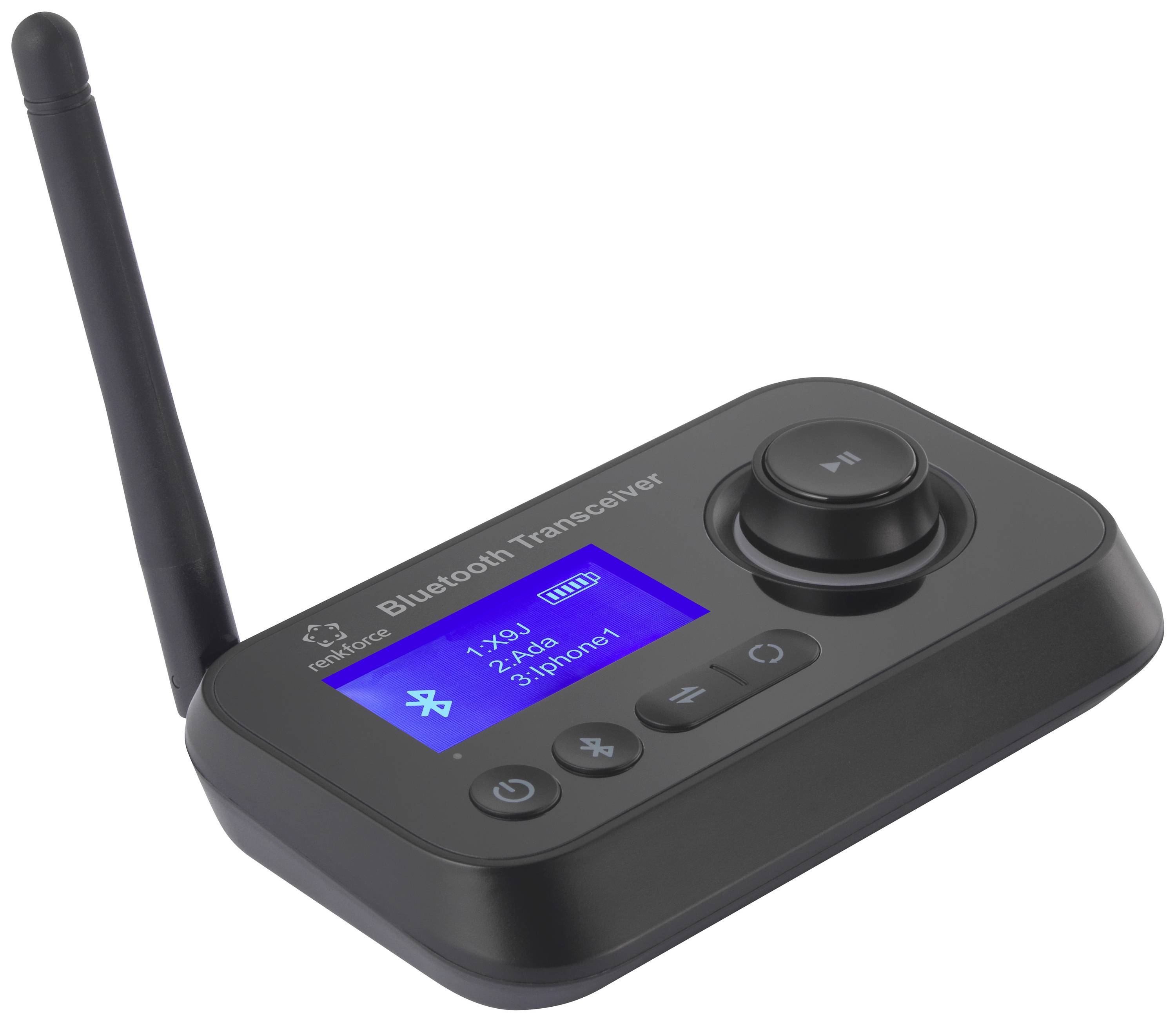Zwart Bluetooth-transceivertoestel met antenne, display en bedieningsknoppen. Toont verbindingen en instellingen op het scherm.