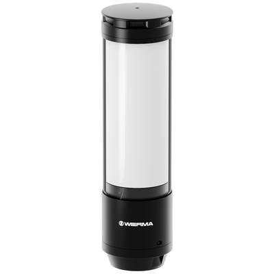 Een cilindrische lichtindicator met een zwarte behuizing en een wit verlicht middendeel, 'WERMA' logo onderaan de voet.