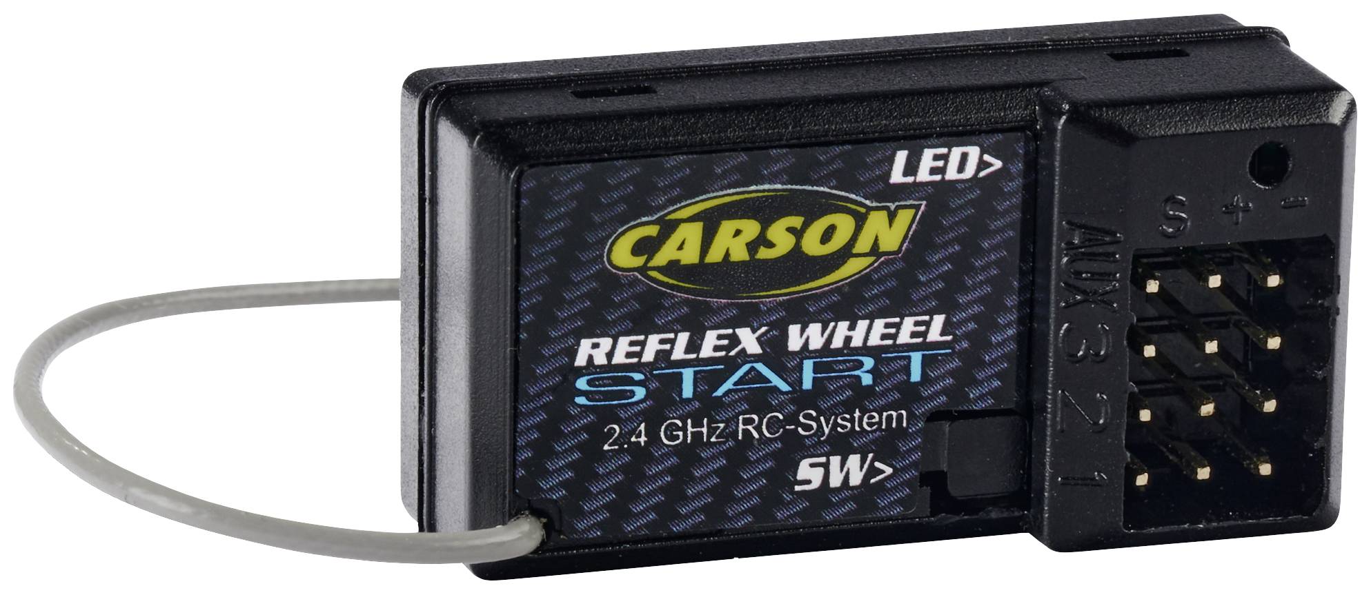 'Carson Reflex Wheel Start' ontvanger, 2,4 GHz RC-systeem, LED-indicatie, compacte, rechthoekige behuizing, kabelaansluiting aan de zijkant.