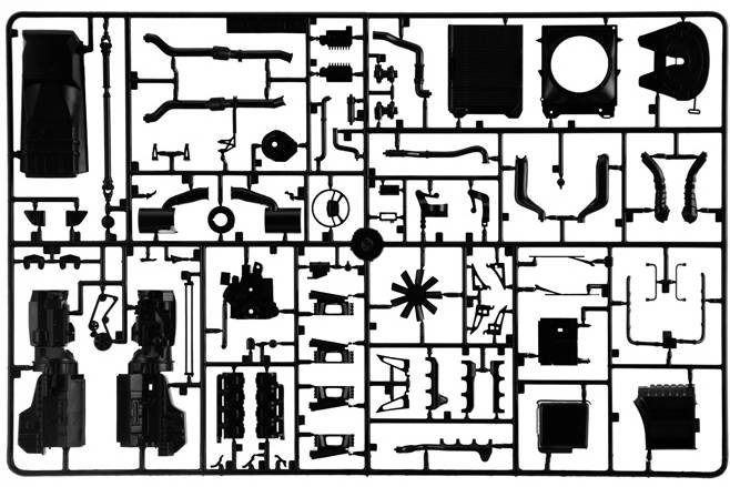 Een bouwpakket van kunststof onderdelen, bevestigd op een gietframe, klaar voor de assemblage van een model.