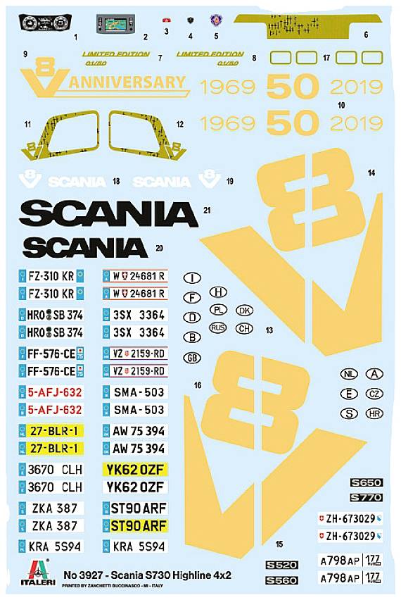 Scania S730 Highline 4x2 jubileumsstickers; bevat verschillende logo's, kentekenplaten en jubileumcijfers '1969-2019'.