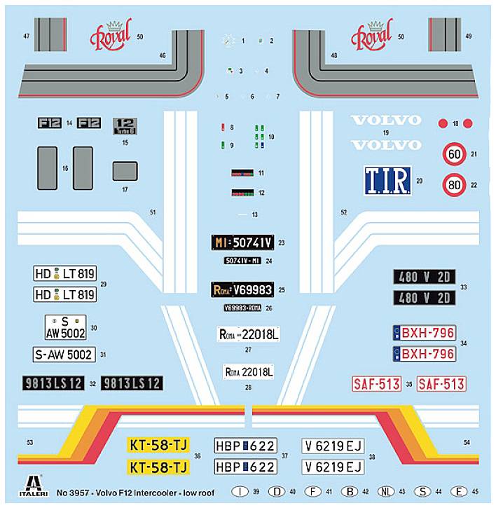 Decoratiebogen met verschillende stickers voor een modelvoertuig. Bevat markeringen, kentekenplaten en waarschuwingen.