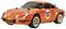 Een oranje modelauto met het nummer '102' aan de zijkant, versierd met 'Jägermeister'-logo's, symboliseert een racewagen.