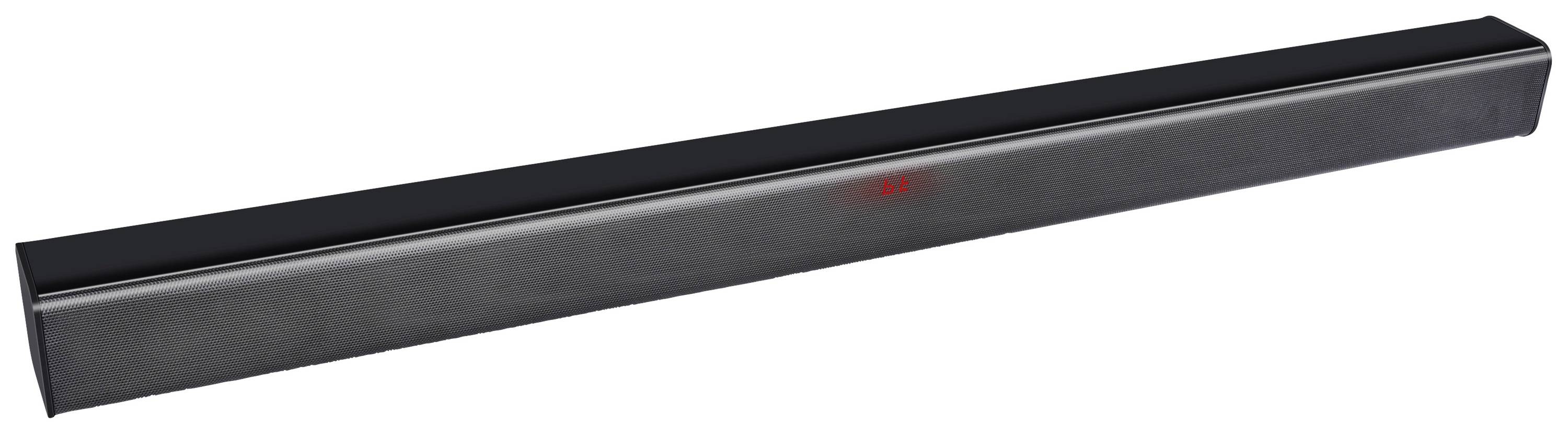 Zwart-grijze soundbar met afgeronde hoeken en een centraal rood LED-display dat een volume van '35' aangeeft.