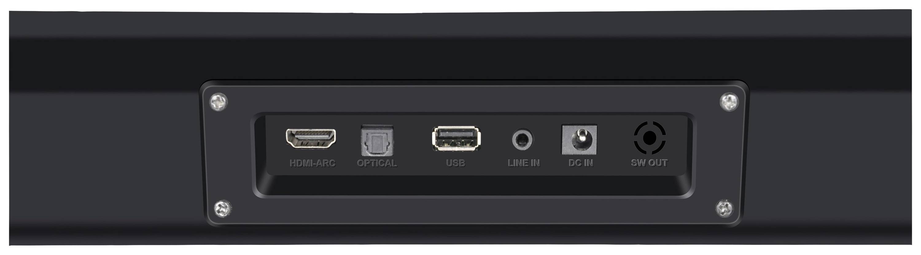 Achterkant van een soundbar met meerdere aansluitingen: HDMI, optische ingang, USB, AUX en stroomaansluiting.