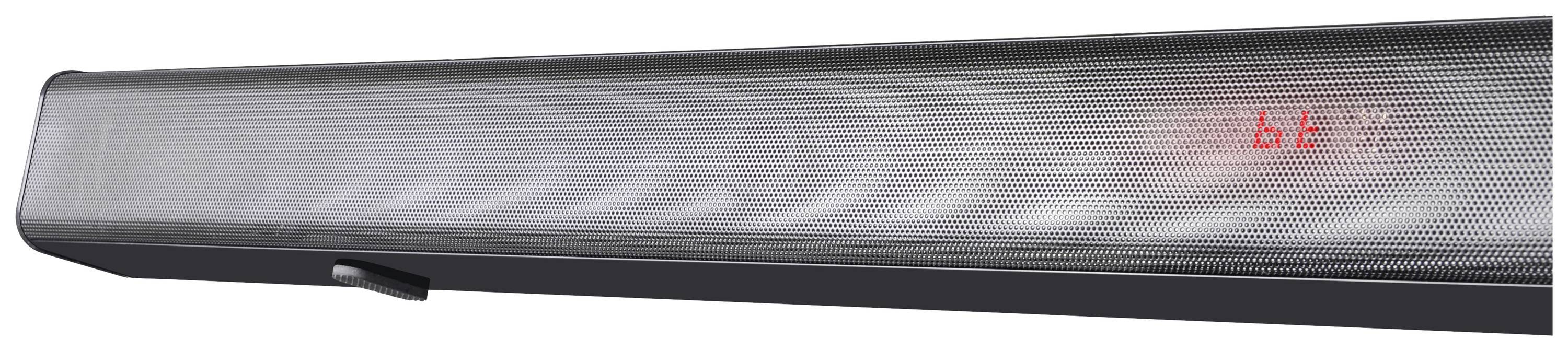 Een zwarte soundbar met een rood verlicht display aan de rechterkant dat 'bt Em' weergeeft.
