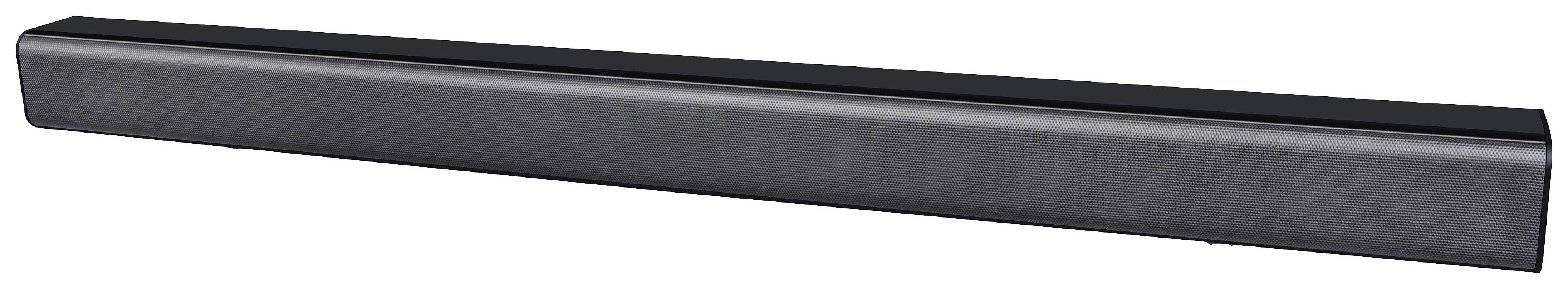 Zwarte soundbar met rechthoekige behuizing, geschikt voor het verbeteren van de geluidskwaliteit bij tv's of home cinema systemen.