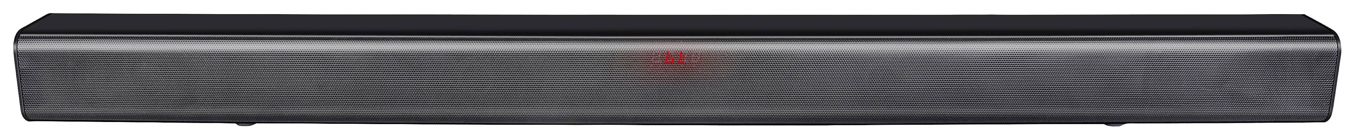 Zwarte soundbar met rode indicator in het midden.