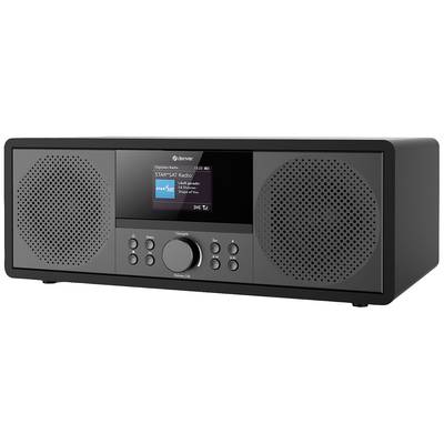 Zwart digitaal radio met twee luidsprekers en een display in het midden. Het display toont 'STAR*SAT Radio'.