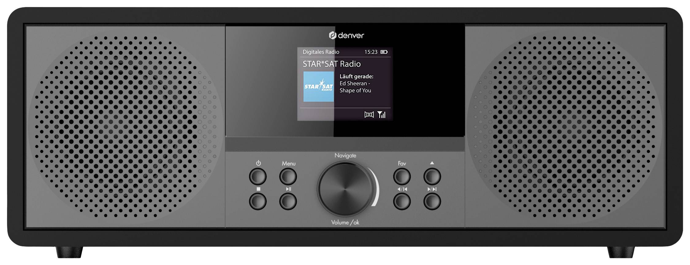Een digitale radio met luidsprekers links en rechts, voorzien van een centraal display dat 'STAR-SKY Radio' weergeeft. Toetsen en een draaiknop voor bediening.