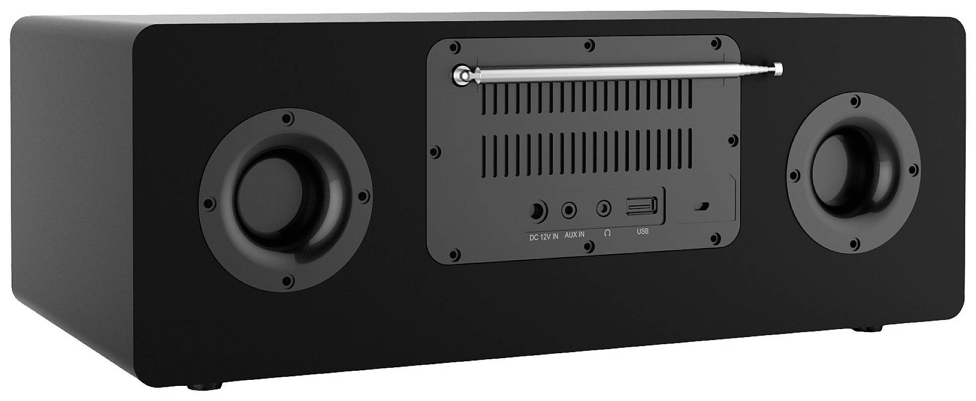 Een rechthoekige, zwarte luidspreker met twee ronde luidsprekereenheden en aansluitingen aan de achterkant voor stroom, Aux en USB.