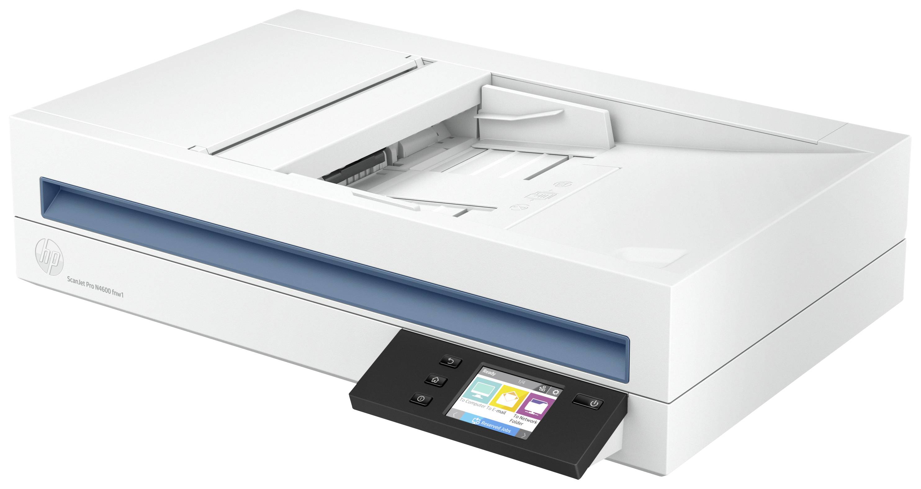 Platte, witte scanner met bedieningspaneel en kleurenscherm. Geschikt voor het scannen van documenten in kantoor- of thuisomgeving.