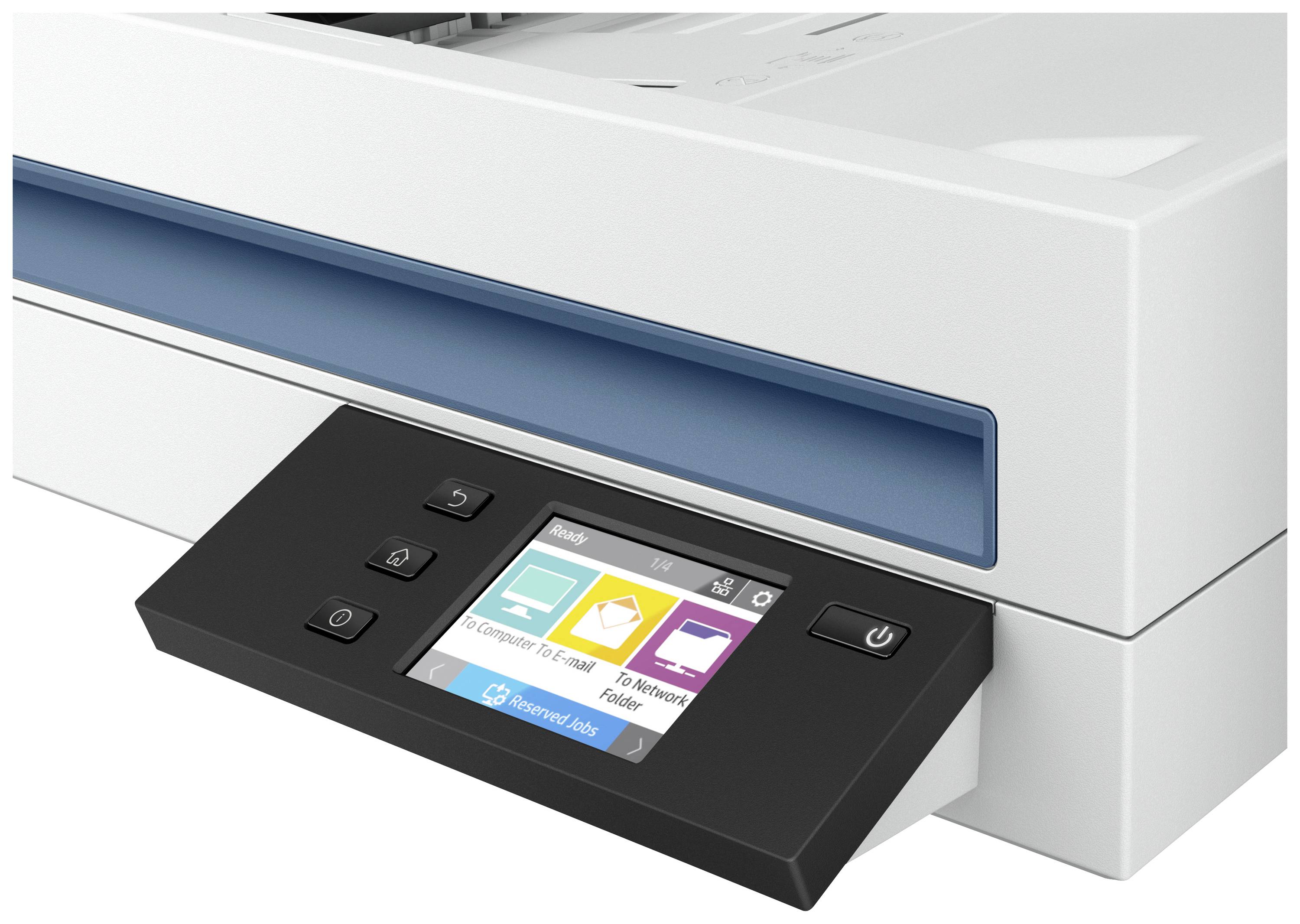 Een printer met een touchscreen-bedieningspaneel, toont symbolen voor kopiëren, scannen, faxen en cloudtoegang. Het scherm licht op.