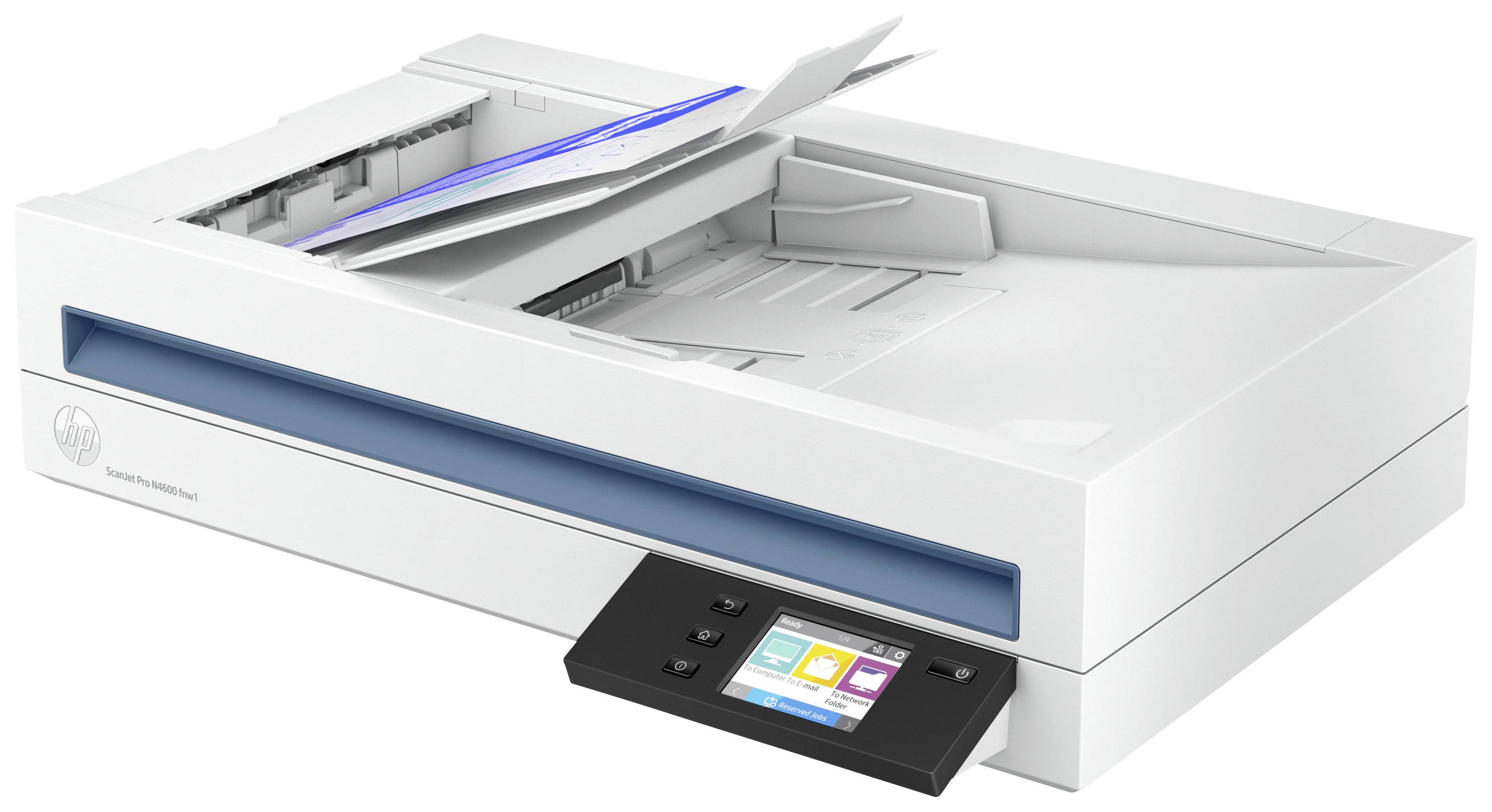 Een witte flatbed-scanner met een stapel papier in de invoerlade. Een digitaal bedieningspaneel toont vier kleurrijke symbolen.