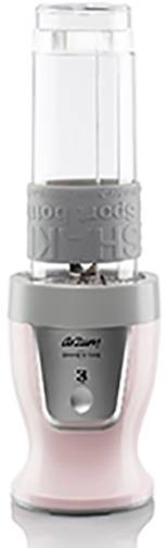 Een roze staande blender met een transparante kom en een zilveren bedieningspaneel. De blender is slank en compact ontworpen.