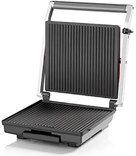 Een open elektrische contactgrill met geribbelde grillplaten, geschikt voor het grillen van broodjes of vlees.