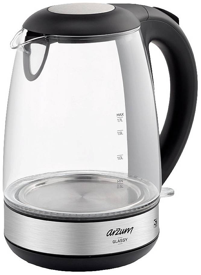 Een transparante waterkoker van glas met een zwarte handgreep en een schaal voor waterstandaanduiding, merknaam 'Arzum' zichtbaar.