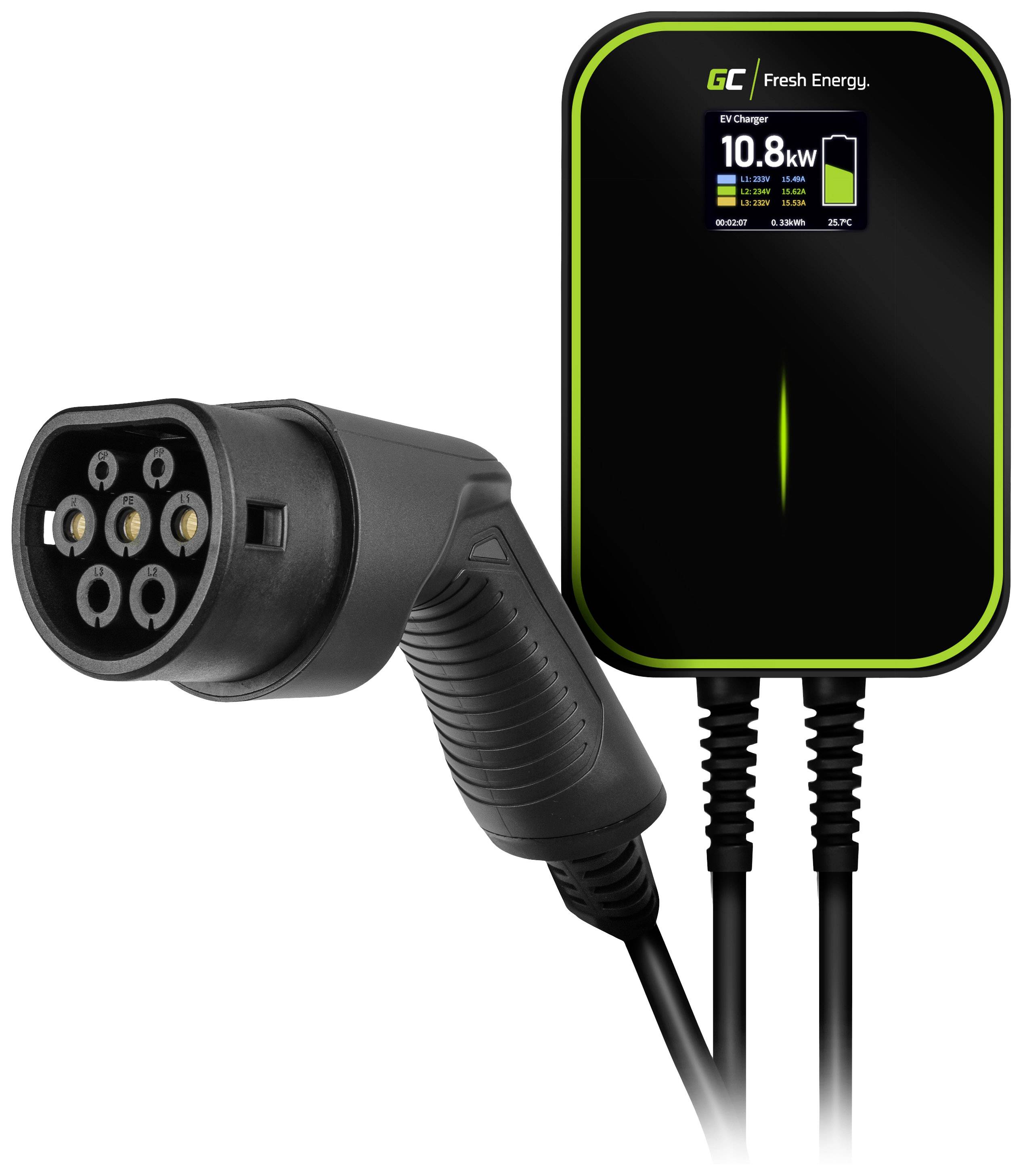 'Laadstation en kabel voor elektrische voertuigen, weergave van 10,8 kW laadvermogen op scherm, zwart Green Cell apparaat.'