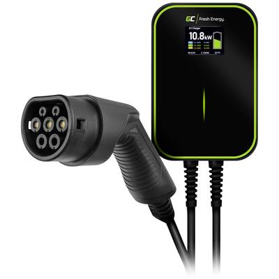 'Laadstation en kabel voor elektrische voertuigen, weergave van 10,8 kW laadvermogen op scherm, zwart Green Cell apparaat.'
