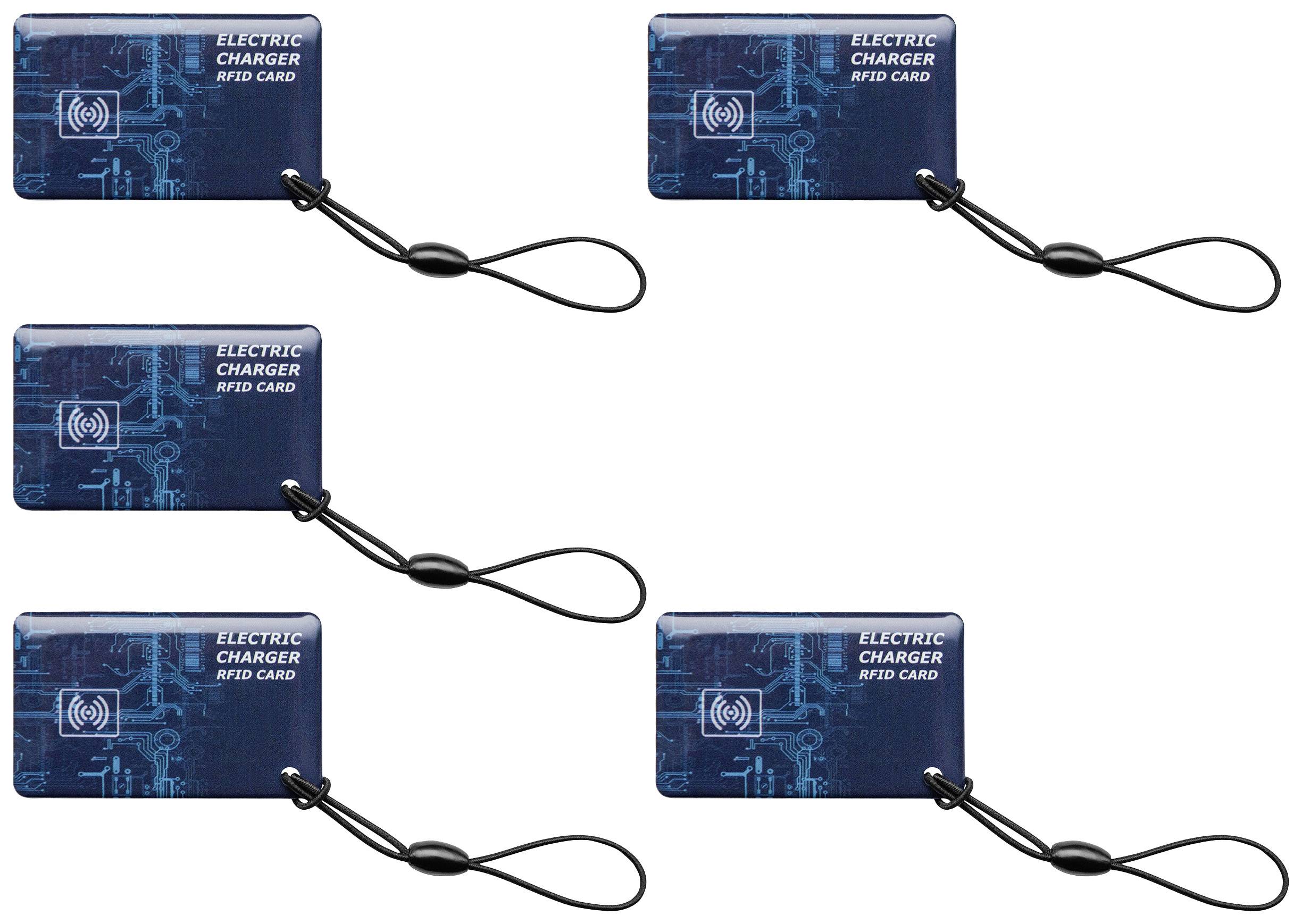 Vijf donkerblauwe RFID-kaarten met de tekst 'Electric Charger RFID Card', elk voorzien van een zwart keycord.