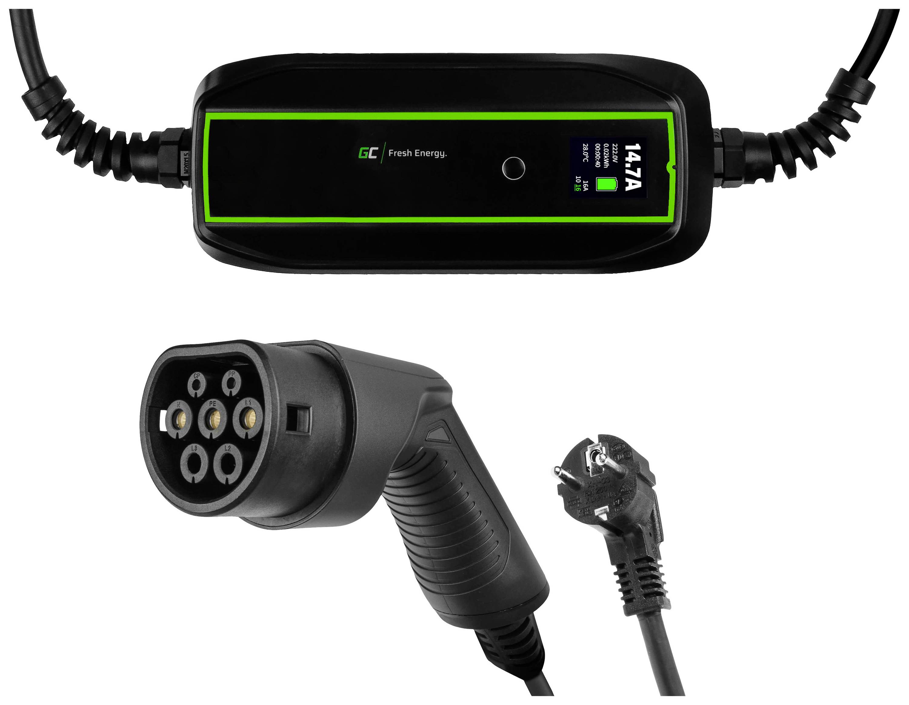 Oplader voor elektrische auto met stekker, kabel en display op de oplader. Display toont laadproces en vermogen: 14,7A.
