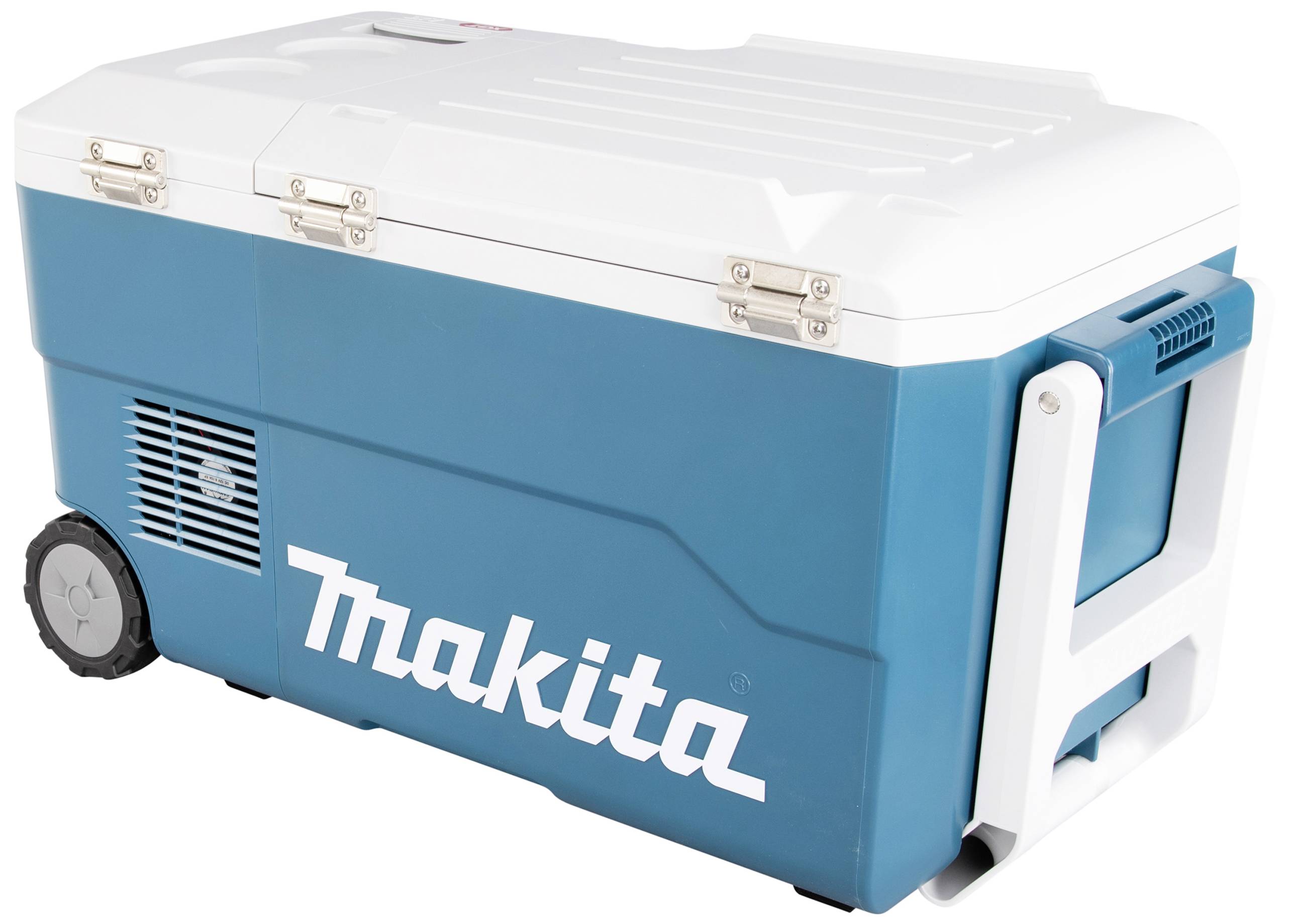 Koelbox op wielen met handvat, blauw-wit met Makita-logo. Ideaal voor het vervoeren van dranken en voedsel.